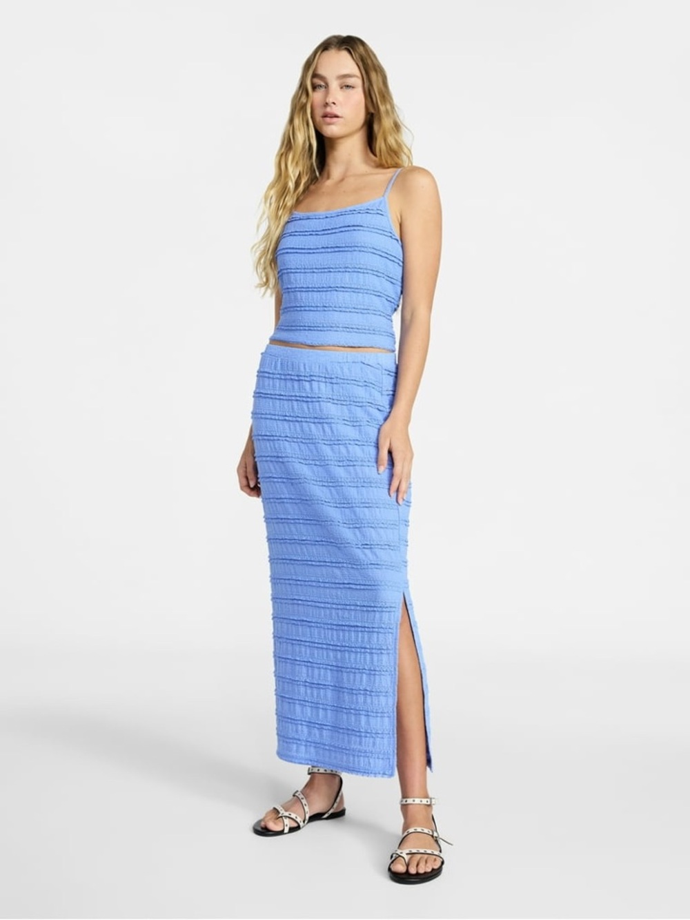 Blue Textured Knit Maxi Skirt w/ Elegant Midi Top